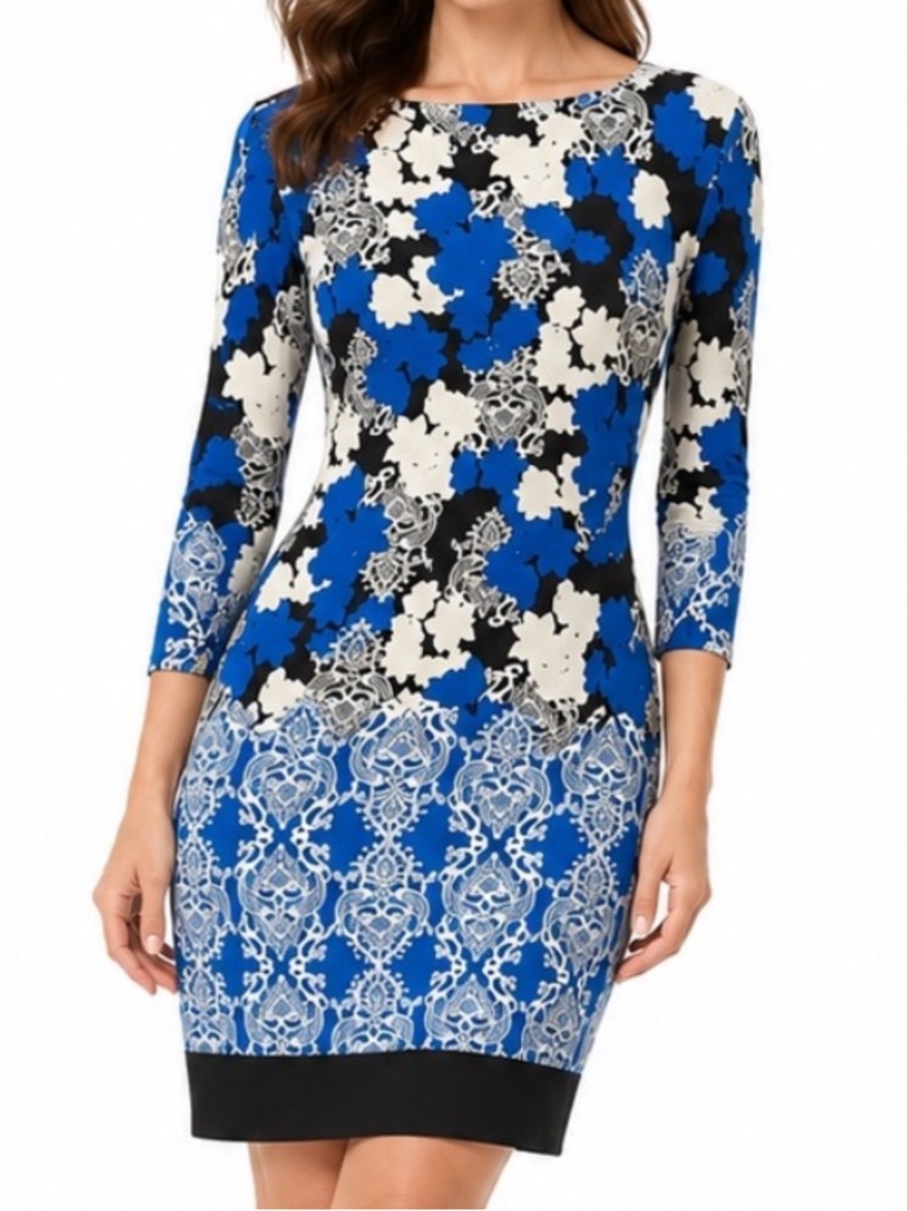 Royal Blue Floral Sheath Dress Stretch Career Wedding Guest Size 6 Office